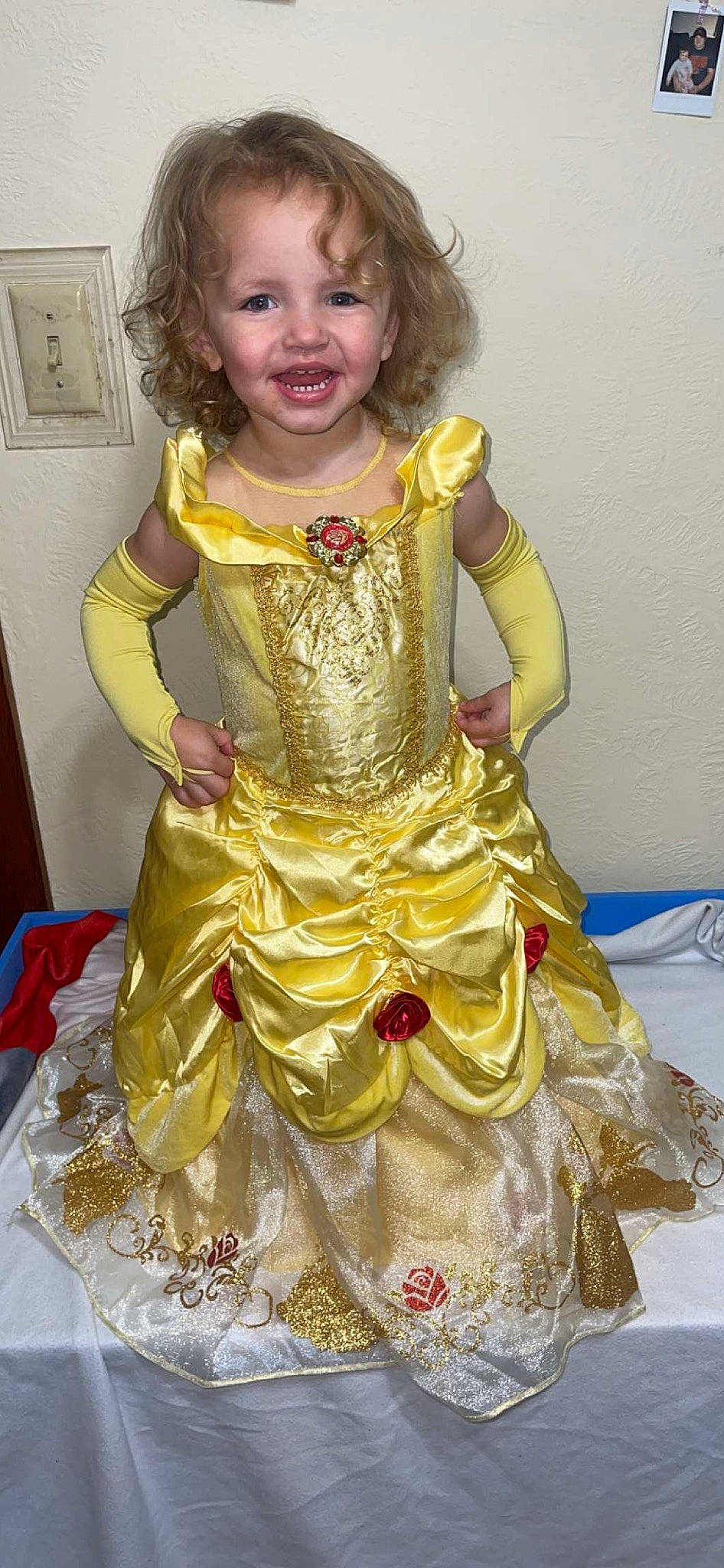 Delaney joined the competition — help win amazing prizes! baby_toddler_clothing, child, day_dress, dress, embellishment, event, fashion_design, formal_wear, fun, happy, joy, one_piece_garment, pattern, person, ruffle, sitting, sleeve, smile, toddler, tradition