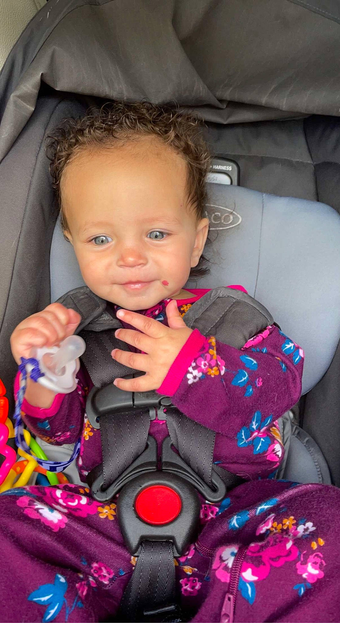 Harper joined the competition — help win amazing prizes! baby, baby_carriage, baby_products, baby_toddler_clothing, beauty, car_seat, cheek, child, comfort, facial_expression, fun, happy, iris, person, pink, seat_belt, sitting, skin, smile, toddler