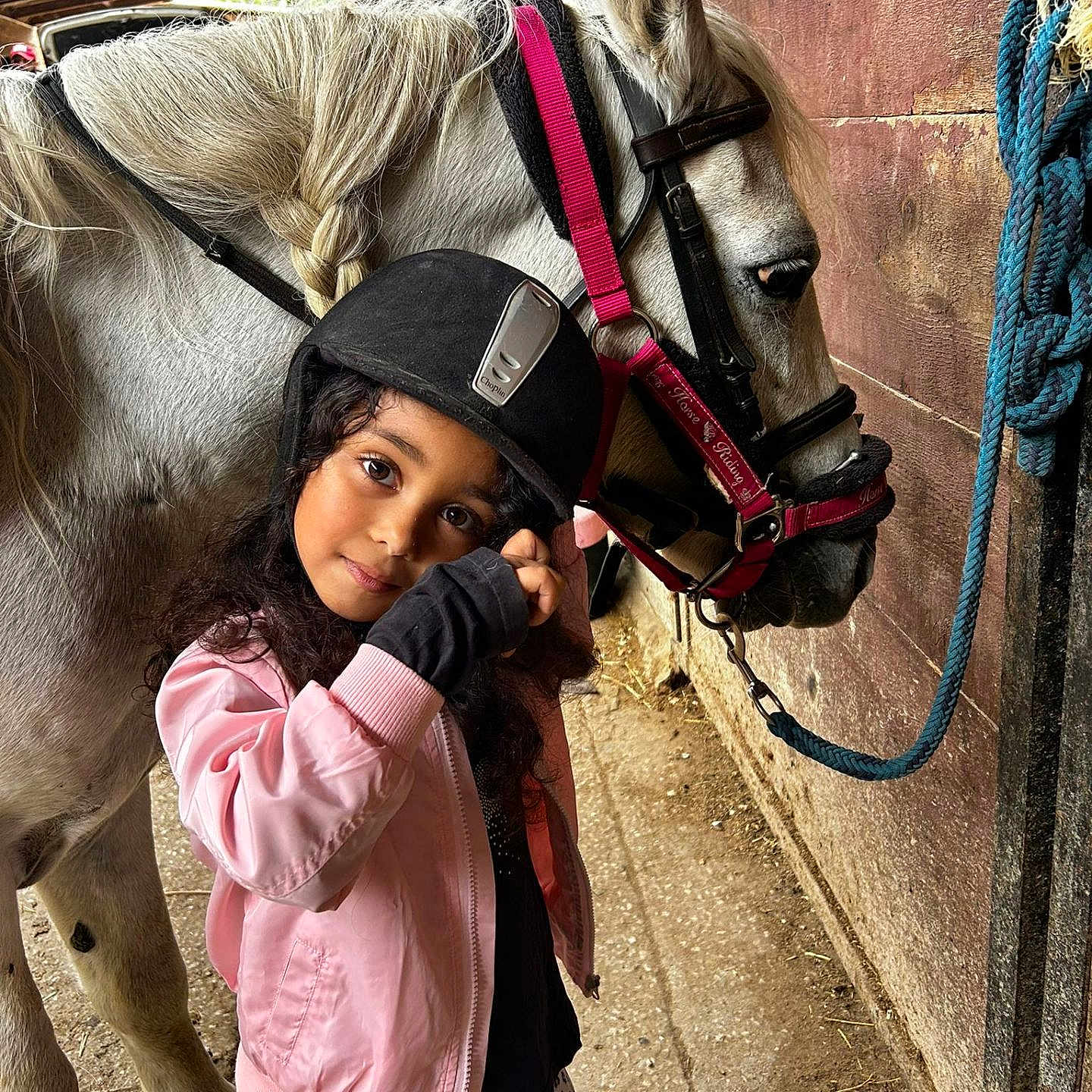 Chiara a rejoint le concours — aidez-le/la à gagner de superbes lots ! animal, child, clothing, coat, colthorse, face, female, girl, glove, hair, head, helmet, horse, horsebackriding, jacket, leisureactivities, outdoors, person, photography, portrait