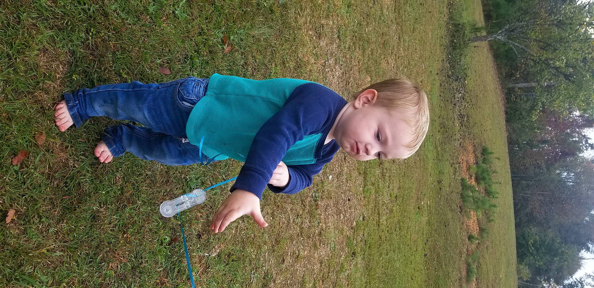 Vincent is registered to the contest to win money with this photo: baby, baby_toddler_clothing, child, denim, grass, grass_family, lawn, meadow, people_in_nature, person, play, toddler