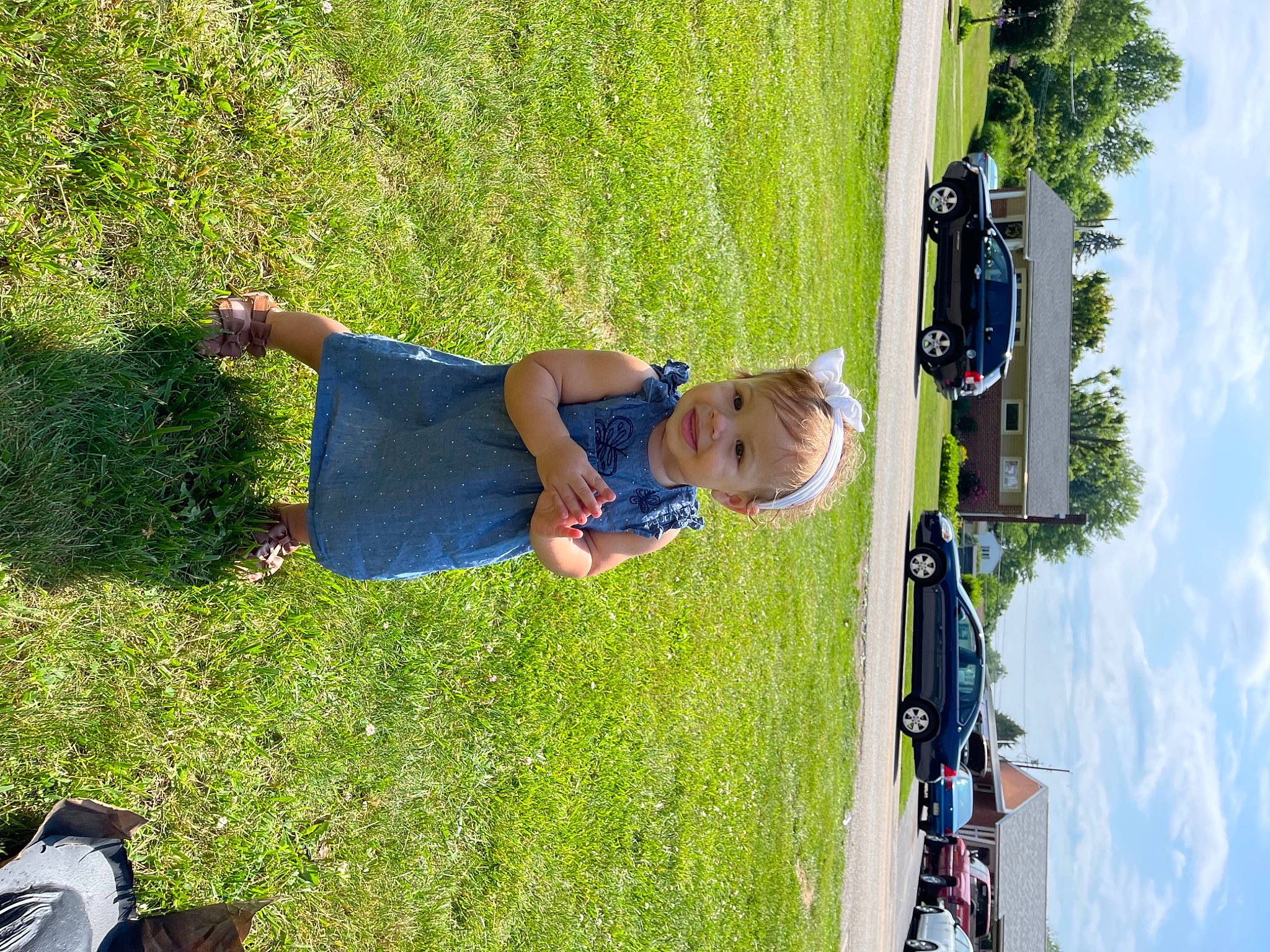 Naiomi is registered to the contest to win money with this photo: automotive_exterior, baby, car, cloud, electric_blue, family_car, fun, grass, grassland, green, joy, landscape, leisure, people_in_nature, person, plant, recreation, sky, toddler, tree