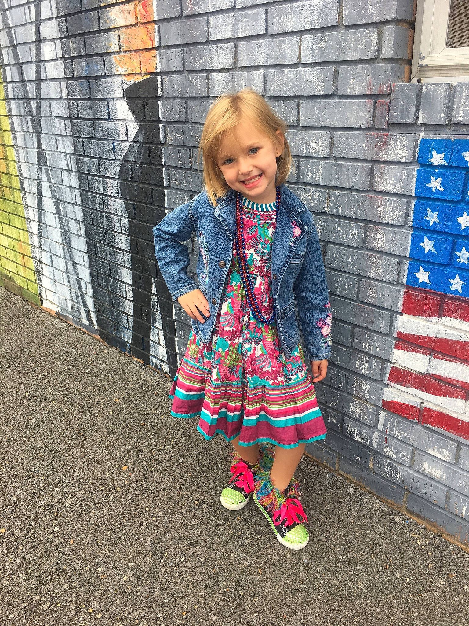 Madelynn joined the competition — help win amazing prizes! blue, child, clothing, day, denim, design, dress, girl, jeans, joy, outerwear, pattern, person, plaid, play, product, public_space, snapshot, standing, tartan