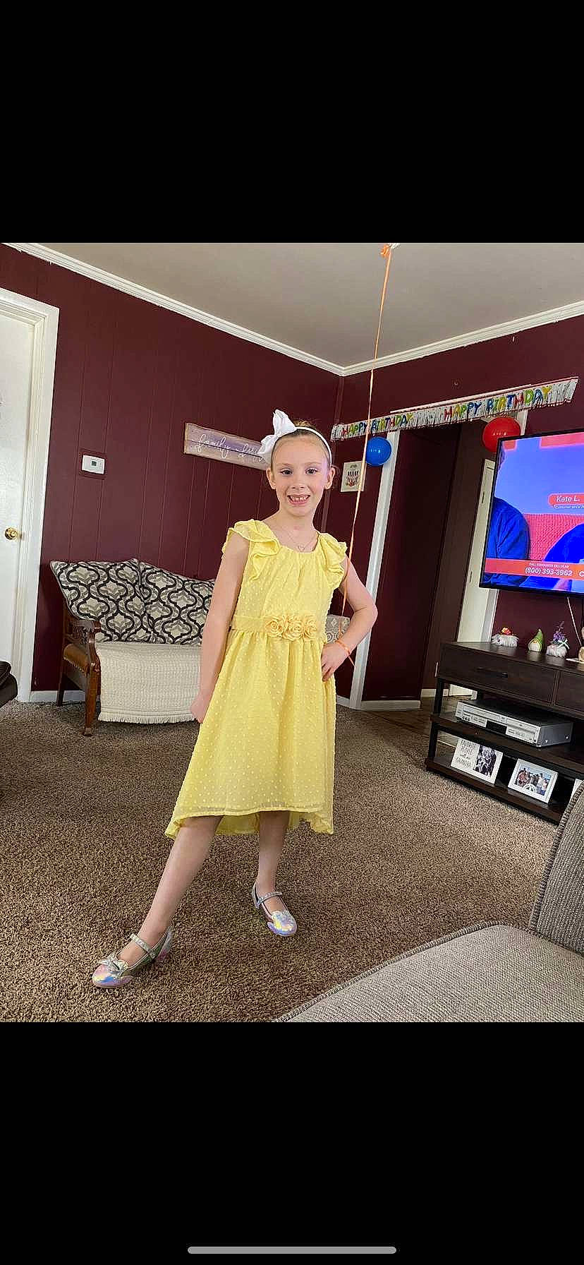 Braylee is registered to the contest to win money with this photo: child, cocktail_dress, costume, day_dress, dress, electric_blue, entertainment, event, fashion_design, flooring, formal_wear, fun, joy, magenta, one_piece_garment, performing_arts, person, room, television, television_set