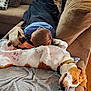 child, dog, cat, couch, blanket, indoor, pet, siamese_cat, relaxation, sleeping_dog, cozy, comfort, brown_couch, home, resting, furniture, animal, human, casual, snuggle