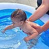 Elizabeth is registered to the contest to win money with this photo: baby, child, water, pool, inflatable_pool, splashing, playing, adult_hand, outdoor, summer, skin, wet_hair, earring, diaper, blue, sitting, fun, cute, exploration, care
