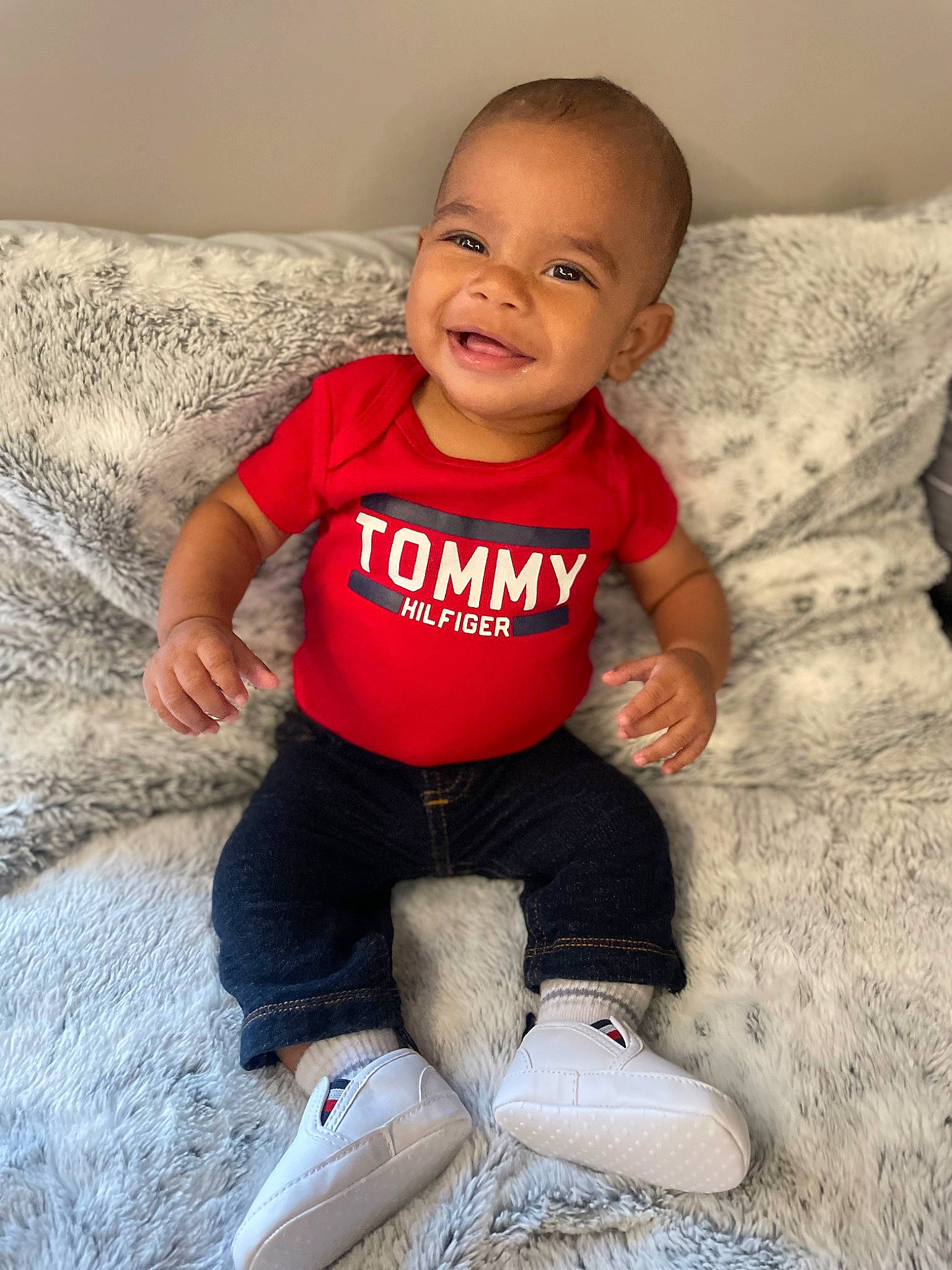 Jaylen joined the competition — help win amazing prizes! baby, baby_toddler_clothing, comfort, couch, eye, face, flash_photography, happy, head, human_body, joy, knee, leg, person, skin, sleeve, smile, t_shirt, textile, thigh