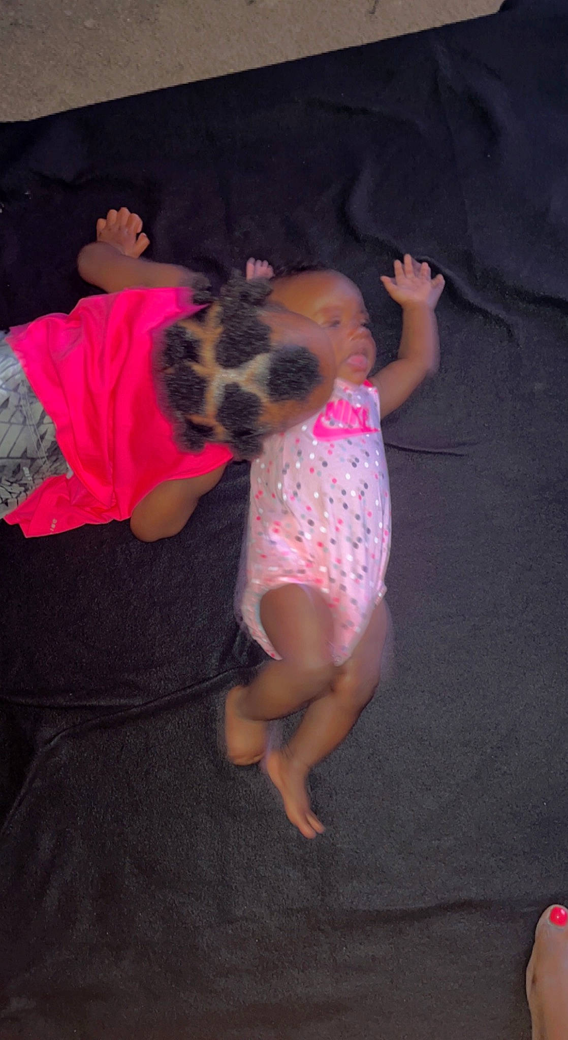 Foreva' joined the competition — help win amazing prizes! baby, baby_toddler_clothing, barefoot, child, comfort, companion_dog, dog_breed, dress, event, flooring, foot, fun, gesture, human_leg, linens, magenta, person, pink, sitting, t_shirt