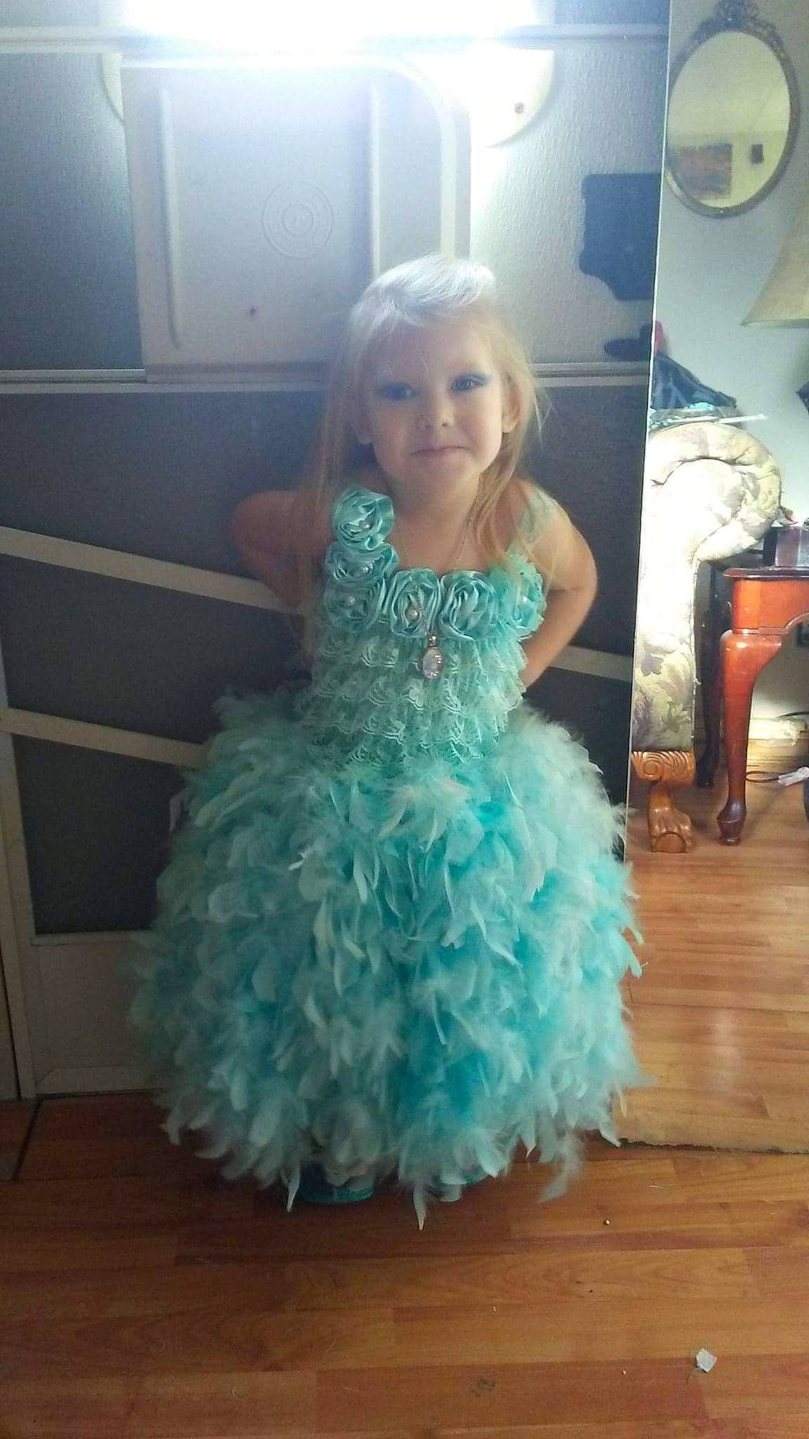 Carolyn is registered to the contest to win money with this photo: a_line, aqua, blue, bridal_party_dress, child, clothing, cocktail_dress, costume, dress, embellishment, fashion_accessory, flower_girl, formal_wear, gown, person, ruffle, shoulder, toddler, turquoise