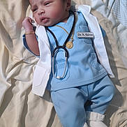 Shivon joined the competition — help win amazing prizes! baby, infant, doctor_costume, stethoscope, blue_clothing, white_coat, bracelet, necklace, footwear, lying_down, bed, blanket, cute, portrait, young_child, indoors, person, medical, newborn, soft_lighting