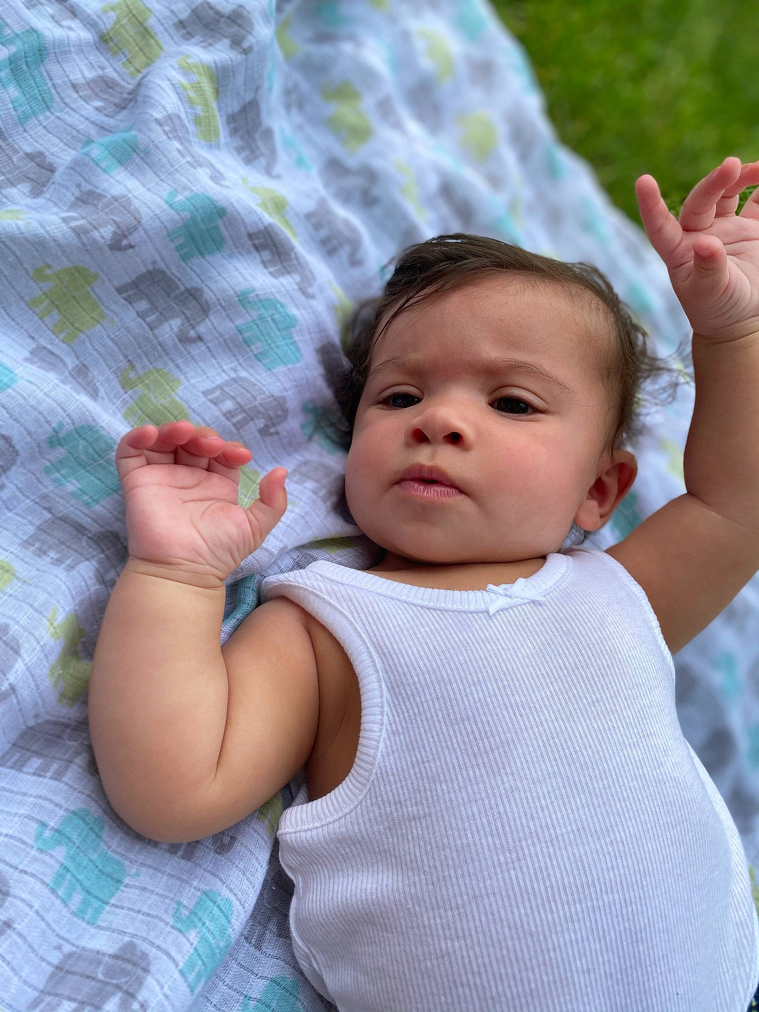 Karson is registered to the contest to win money with this photo: arm, baby, baby_toddler_clothing, cheek, eye, finger, fun, gesture, grass, hand, happy, human_body, leaf, lip, people_in_nature, person, pink, plant, skin, toddler
