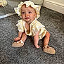 Arabella joined the competition — help win amazing prizes! toddler, child, baby, carpet, mirror, indoor, clothing, hat, shoes, floor, reflection, cute, sitting, yellow, white, floral, person, earrings, room, expression