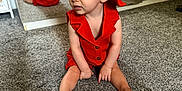 Arabella joined the competition — help win amazing prizes! toddler, child, red_hat, red_outfit, carpet, mirror, reflection, indoor, earrings, curious, sitting, barefoot, furniture, home_decor, gray_carpet, soft_light, young_child, portrait, casual, floor