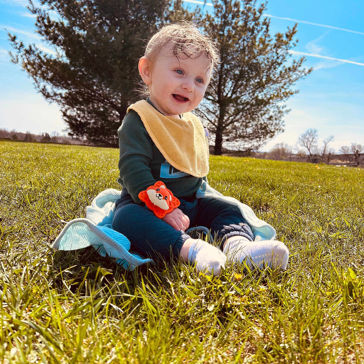 Judson joined the competition — help win amazing prizes! baby, child, grass, outdoor, blue_sky, tree, pine_tree, smiling, bib, toy, sitting, sunlight, nature, happy, person, greenery, playful, blanket, sock, daytime