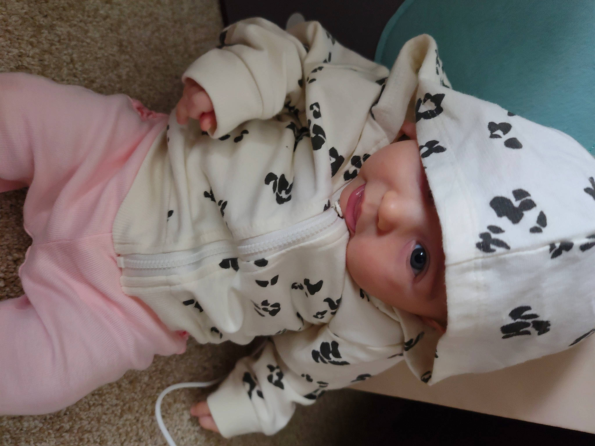 Liliana is registered to the contest to win money with this photo: baby, baby_products, baby_toddler_clothing, carmine, child, comfort, finger, flesh, fur, head, headwear, human_body, linens, pattern, person, pink, sitting, skin, sleeve, textile