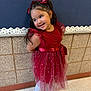 child, cute, dress, fashion, floor, girl, hair_bow, happy, indoor, person, portrait, pose, red_dress, school, smile, tights, tile_wall, wall, white_shoes, young