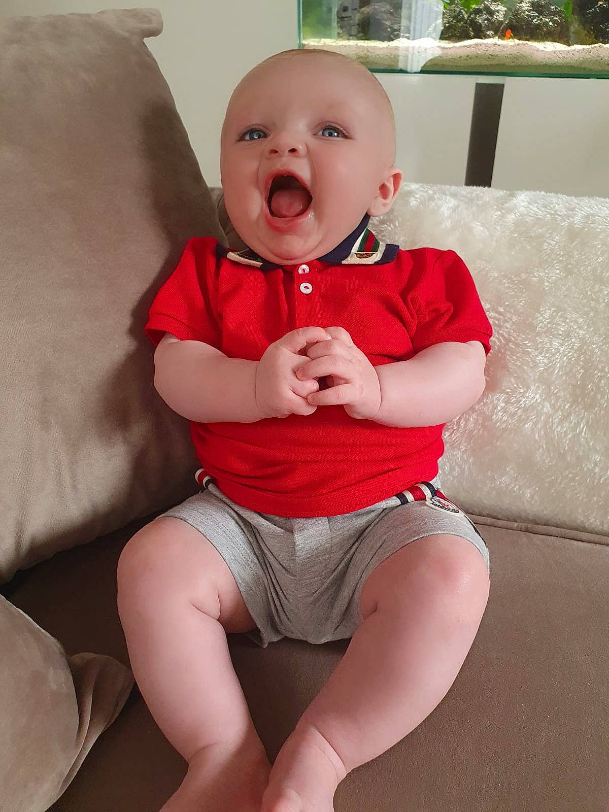 Carlo joined the competition — help win amazing prizes! arm, baby, baby_toddler_clothing, cheek, child, finger, human_leg, joint, knee, leg, lip, mouth, person, pink, red, sitting, skin, stomach, thigh, toddler