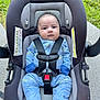 baby, infant, car_seat, blue_onesie, shark_pattern, sitting, straps, outdoor, grass, concrete, serious_expression, child, clothing, footed_pajamas, safety_harness, person, head, face, cute, young_child