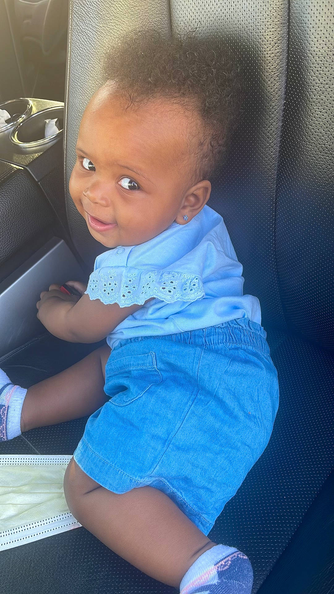 Keziah Hampton joined the competition — help win amazing prizes! baby_toddler_clothing, black_hair, car_seat, comfort, electric_blue, eye, fun, hair, hairstyle, happy, head, knee, leg, person, skin, sleeve, smile, standing, thigh, toddler