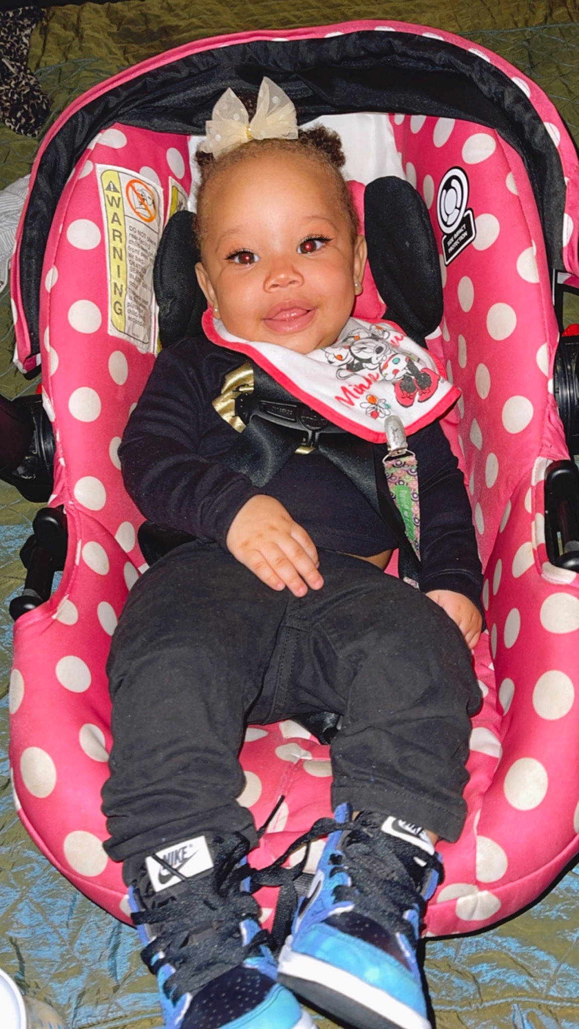 Princess joined the competition — help win amazing prizes! baby, baby_carriage, baby_products, baby_toddler_clothing, black, cheek, comfort, cool, fun, happy, head, joy, lap, person, pink, sitting, sleeve, smile, snapshot, sneakers