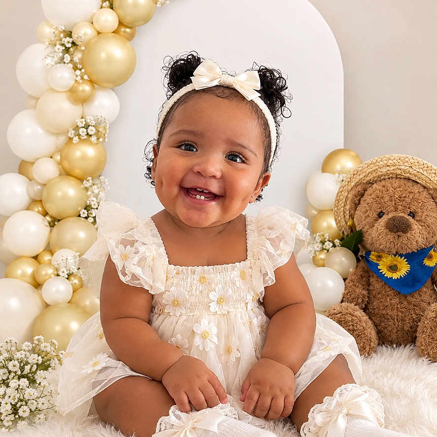 Slaia is registered to the contest to win money with this photo: baby, child, infant, smiling, portrait, sitting, dress, headband, bow, teddy_bear, stuffed_animal, balloons, gold, white, celebration, birthday, flowers, sunflower, indoors, photography