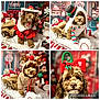 dog, holiday_costume, christmas, festive, reindeer, santa_hat, snowman, bow, cute, pet, christmas_tree, decorations, collage, indoor, brown_dog, costume, celebration, seasonal, adorable, portrait
