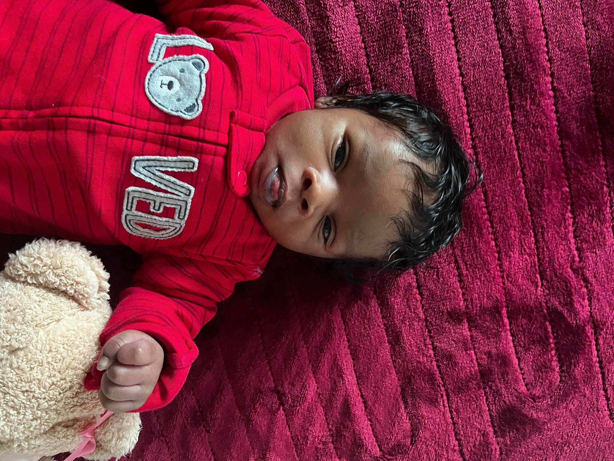 Zuri joined the competition — help win amazing prizes! baby, baby_toddler_clothing, carmine, cheek, child, comfort, eye, flash_photography, flooring, fur, grass, head, linens, magenta, pattern, person, red, skin, sleeve, toddler