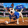 Cinnamon is registered to the contest to win money with this photo: animal, athlete, ball, baseball, baseball_cap, baseball_field, baseball_uniform, blue_jersey, crowd, daylight, diamond, dog, funny, outdoor, pet, portrait, sports, sports_fan, stadium, standing