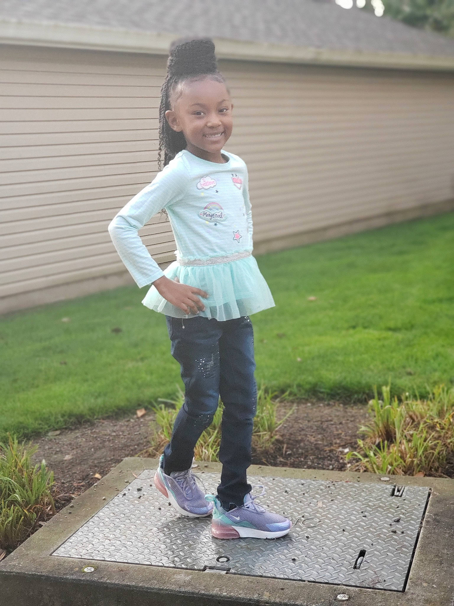 Sa'Niyah is registered to the contest to win money with this photo: child, cool, footwear, grass, happy, jacket, jeans, joy, outerwear, person, play, recreation, shoe, sleeve, standing, t_shirt, toddler
