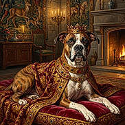 Baby Boy is registered to the contest to win money with this photo: dog, crown, royalty, velvet, cape, jewels, fireplace, castle, tapestry, candlelight, luxury, portrait, decor, furniture, animal, indoors, regal, ornate, medieval, pet