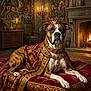 dog, crown, royalty, velvet, cape, jewels, fireplace, castle, tapestry, candlelight, luxury, portrait, decor, furniture, animal, indoors, regal, ornate, medieval, pet