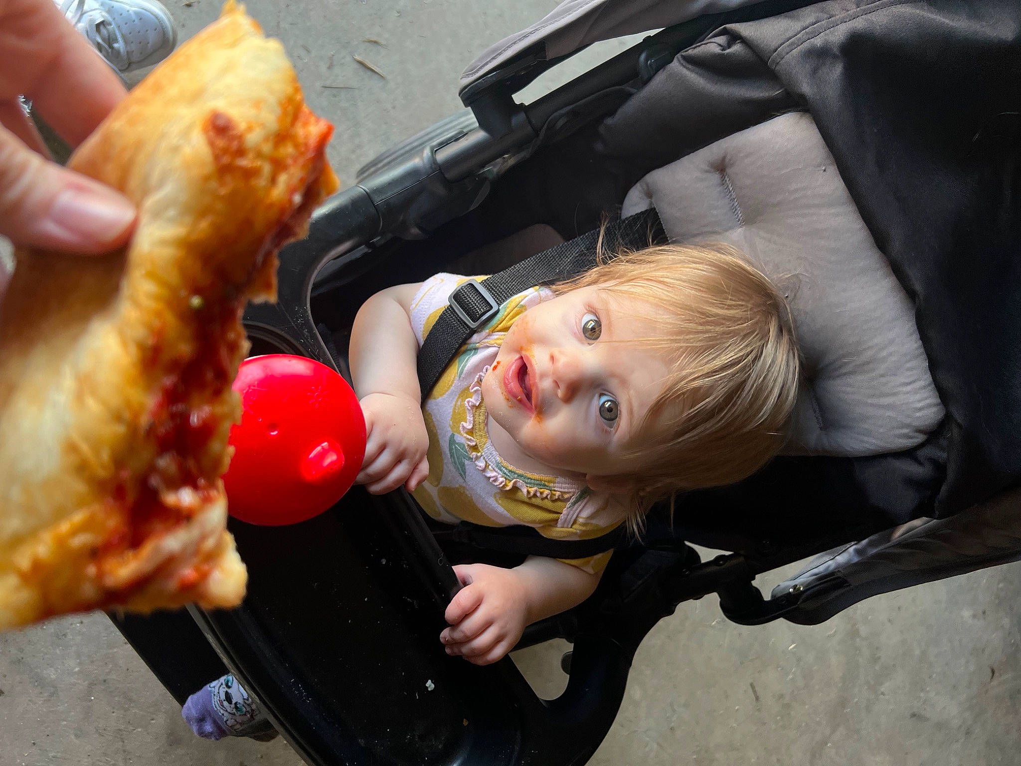 Ember is registered to the contest to win money with this photo: baby_products, bread, child, comfort, comfort_food, cuisine, dessert, fast_food, finger_food, food, fried_food, fun, hand, hot_dog, junk_food, person, sitting, smile, toddler, toy