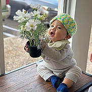 Henry is registered to the contest to win money with this photo: baby, child, potted_plant, flowers, knitted_hat, table, blue_socks, indoor, window, smiling, happy, person, cozy_clothing, plant, greenery, wood_texture, cute, sitting, portrait, casual