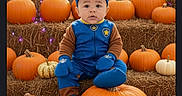 Zaiden Crum is registered to the contest to win money with this photo: baby, child, pumpkin, jack_o_lantern, halloween, costume, hay_bale, orange, blue_clothing, mittens, hat, outdoor, festive, seasonal, smiling, cute, holiday, portrait, sitting, decoration