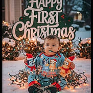 Zaiden Crum is registered to the contest to win money with this photo: baby, child, snow, christmas_lights, plush_toys, holiday, festive_sign, outdoor, winter, sitting, cute, toddler, christmas, santa_hat, playful, lights, cold_weather, smiling, festive_clothing, holiday_decoration