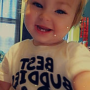 Brooklynn joined the competition — help win amazing prizes! baby, blonde_hair, casual, child, clothing, curtains, cute, face, happy, indoor, mickey_mouse, person, playful, portrait, room, smiling, star_effects, toddler, tshirt, window