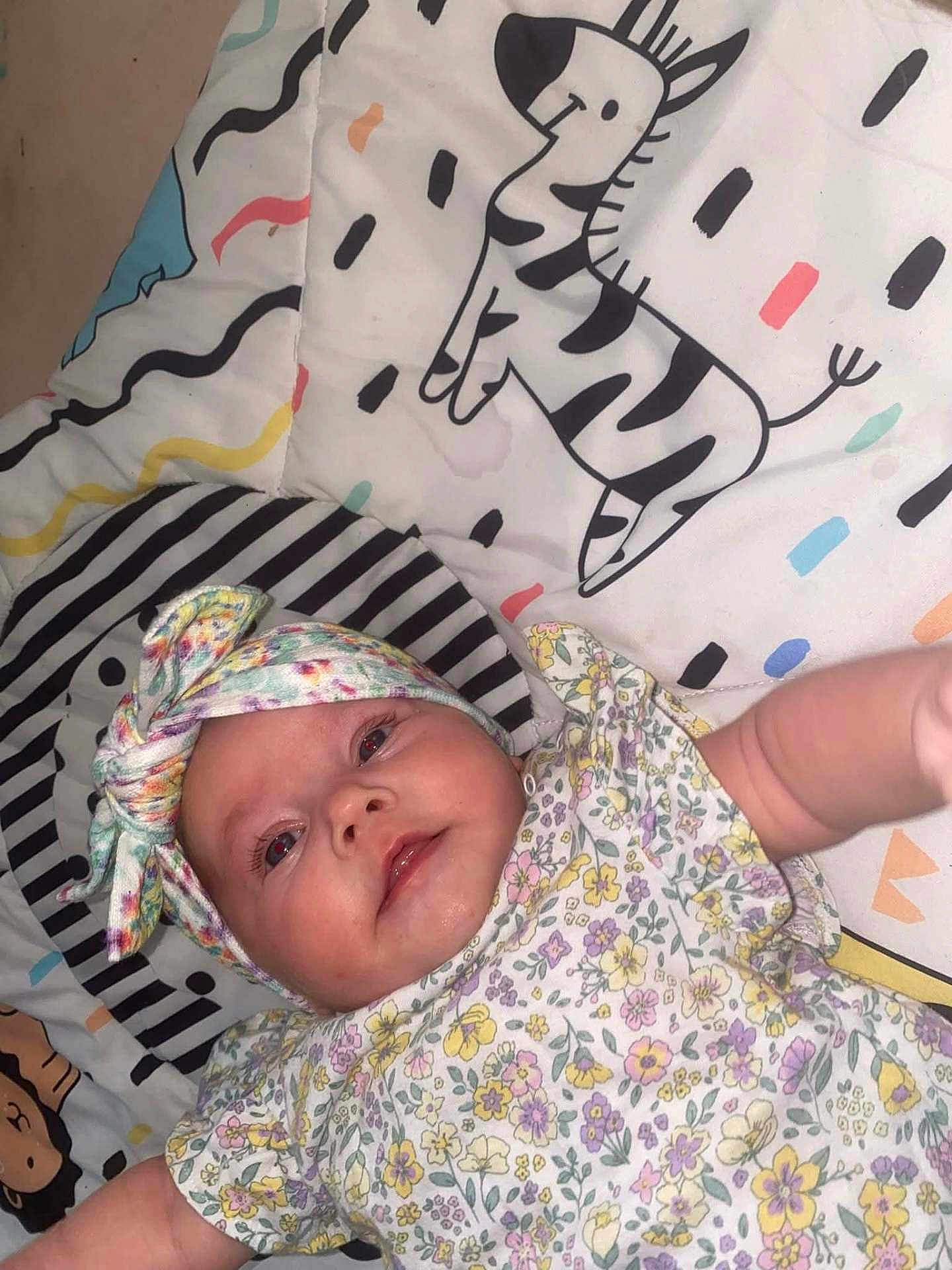 Maeve joined the competition — help win amazing prizes! baby, infant, headband, floral, patterned_clothing, blanket, cartoon, zebra, cute, child, lying_down, reaching, colorful, playful, soft_toys, indoor, smiling, face, closeup, young_child