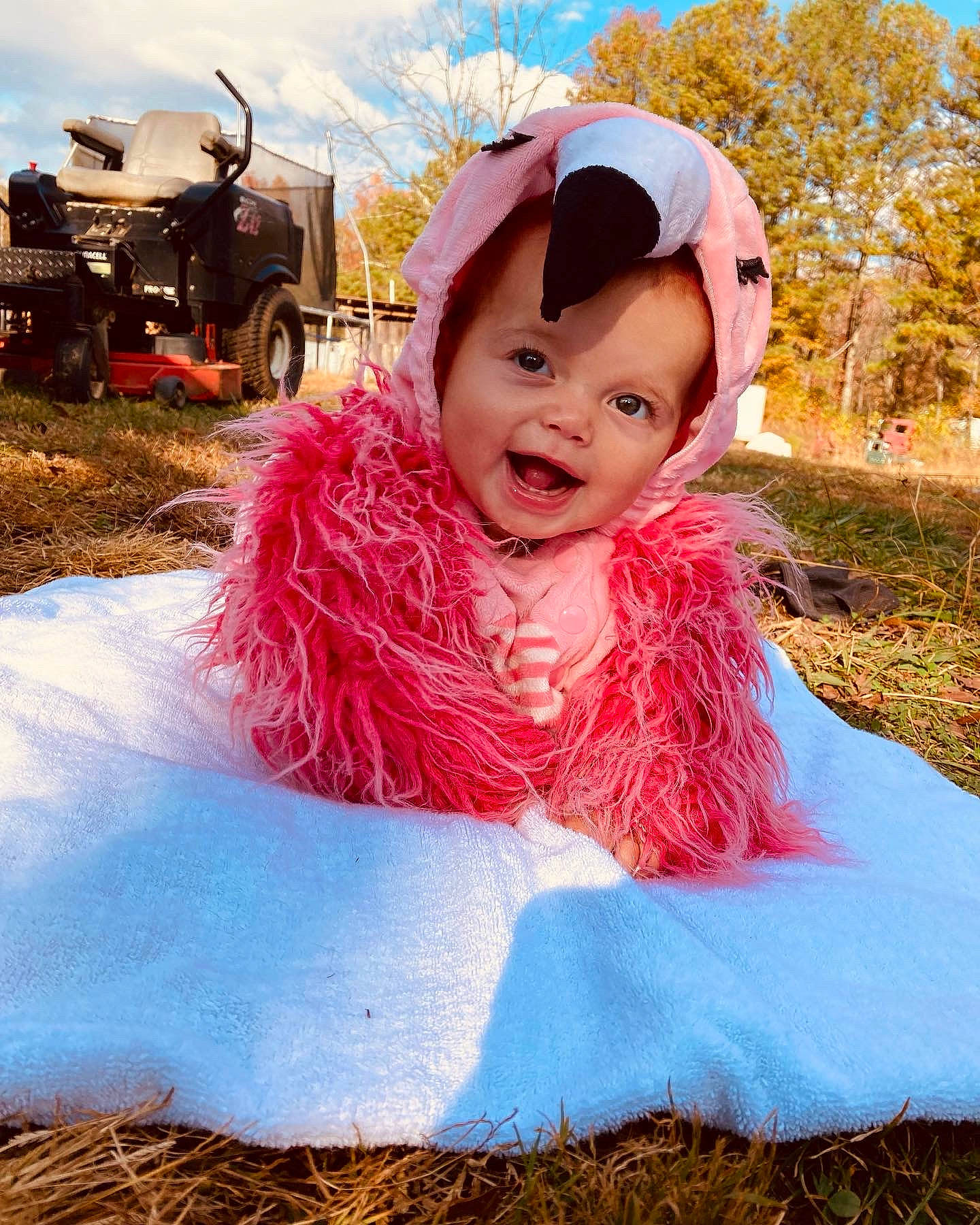 Bristol is registered to the contest to win money with this photo: cap, costume_hat, electric_blue, event, fun, grass, happy, headpiece, leisure, magenta, people_in_nature, person, pink, recreation, sky, smile, tire, toddler, tree, wheel