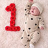 adorable, baby, celebration, cozy, cute, fluffy_blanket, hat, heart_pattern, indoor, infant, laying_down, milestone, newborn, number_one, onesie, peaceful, portrait, red_roses, sleeping, soft_texture