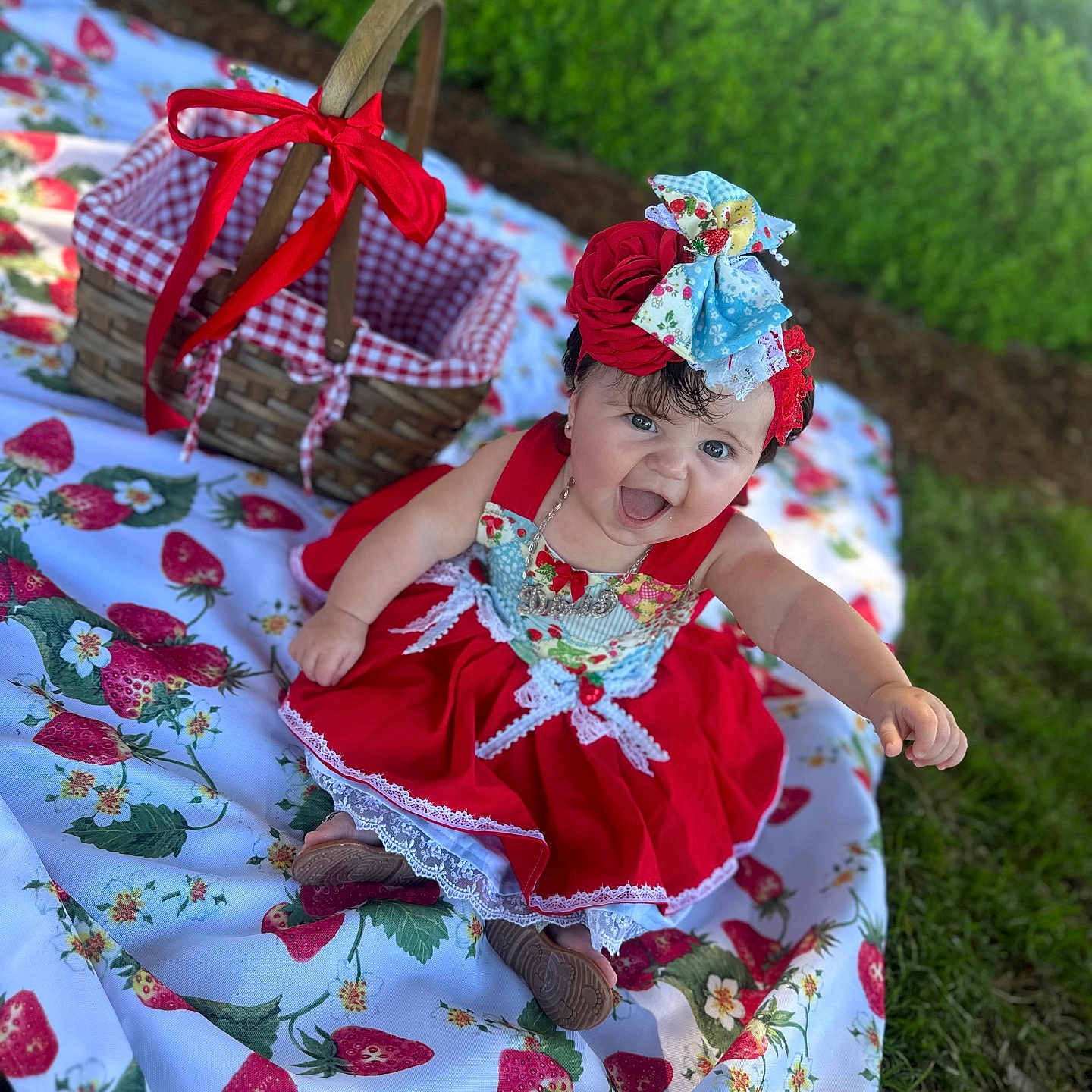 Dixie joined the competition — help win amazing prizes! accessories, baby, basket, bonnet, clothing, costume, dress, face, flower, formalwear, fun, grass, hat, head, leisureactivities, person, photography, picnic, plant, portrait