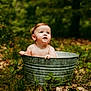 Sawyer is registered to the contest to win money with this photo: baby, child, outdoor, nature, metal_tub, greenery, grass, leaves, curious, wet_hair, infant, forest, woodland, summer, portrait, cute, sitting, skin, bare_shoulders, daylight