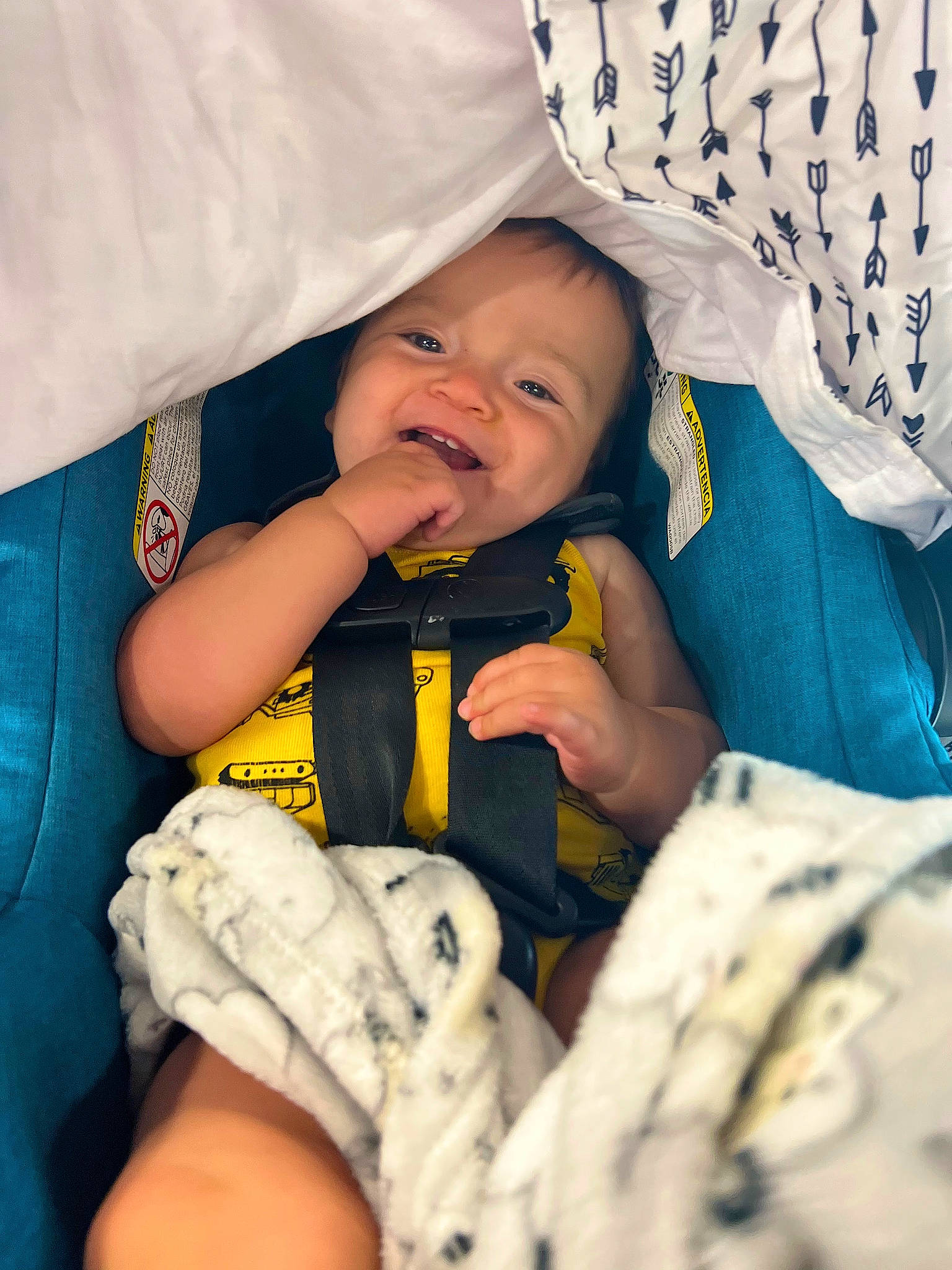 Finn joined the competition — help win amazing prizes! arm, baby, baby_sleeping, baby_toddler_clothing, child, comfort, eye, finger, gesture, hand, happy, iris, linens, nail, person, product, skin, sleeve, smile, thumb