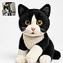 Fresh a rejoint le concours — aidez-le/la à gagner de superbes lots ! cat, plush_toy, black_and_white, yellow_eyes, real_cat, cat_tree, pet, animal, cute, soft_toy, feline, close_up, indoor, fur, whiskers, ears, paws, sitting, portrait, comparison