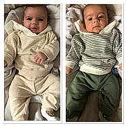 Mylan Et Lorenzo a rejoint le concours — aidez-le/la à gagner de superbes lots ! baby, baby_clothes, bedding, blanket, child, cozy, cute, face, hoodie, indoor, infant, lying_down, pacifier, pants, portrait, smile, socks, soft_lighting, striped_clothing, two_children