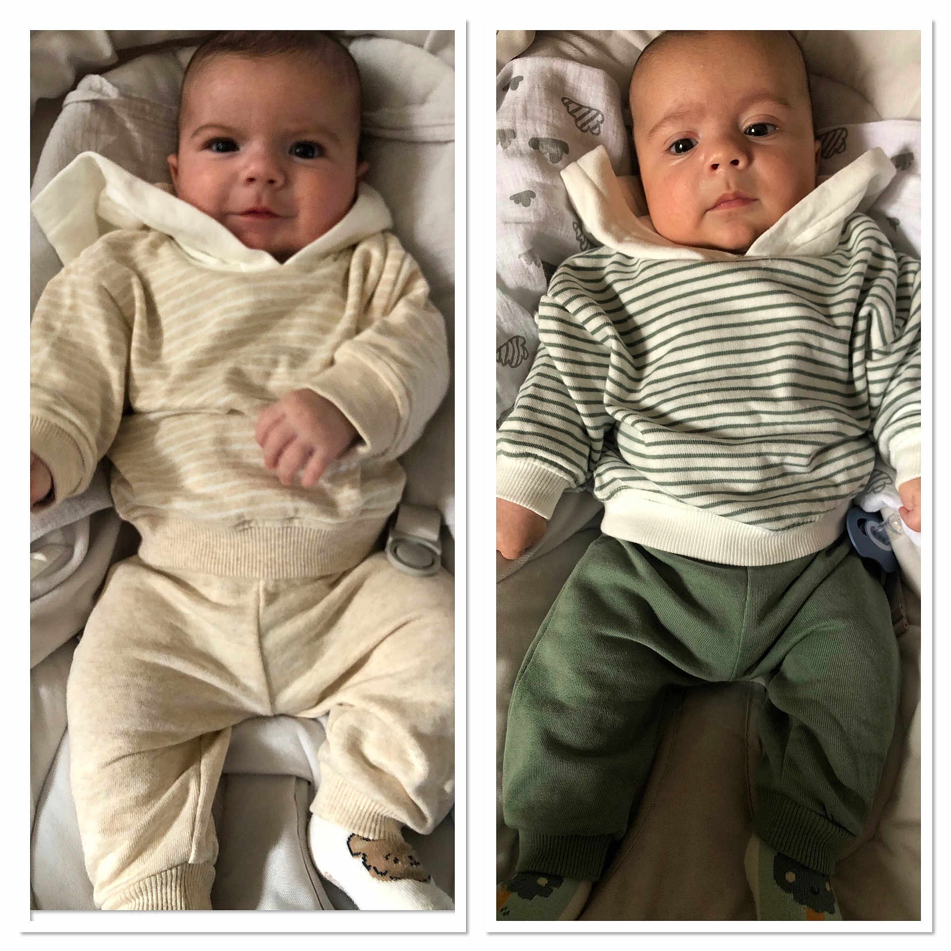 Mylan Et Lorenzo a rejoint le concours — aidez-le/la à gagner de superbes lots ! baby, baby_clothes, bedding, blanket, child, cozy, cute, face, hoodie, indoor, infant, lying_down, pacifier, pants, portrait, smile, socks, soft_lighting, striped_clothing, two_children