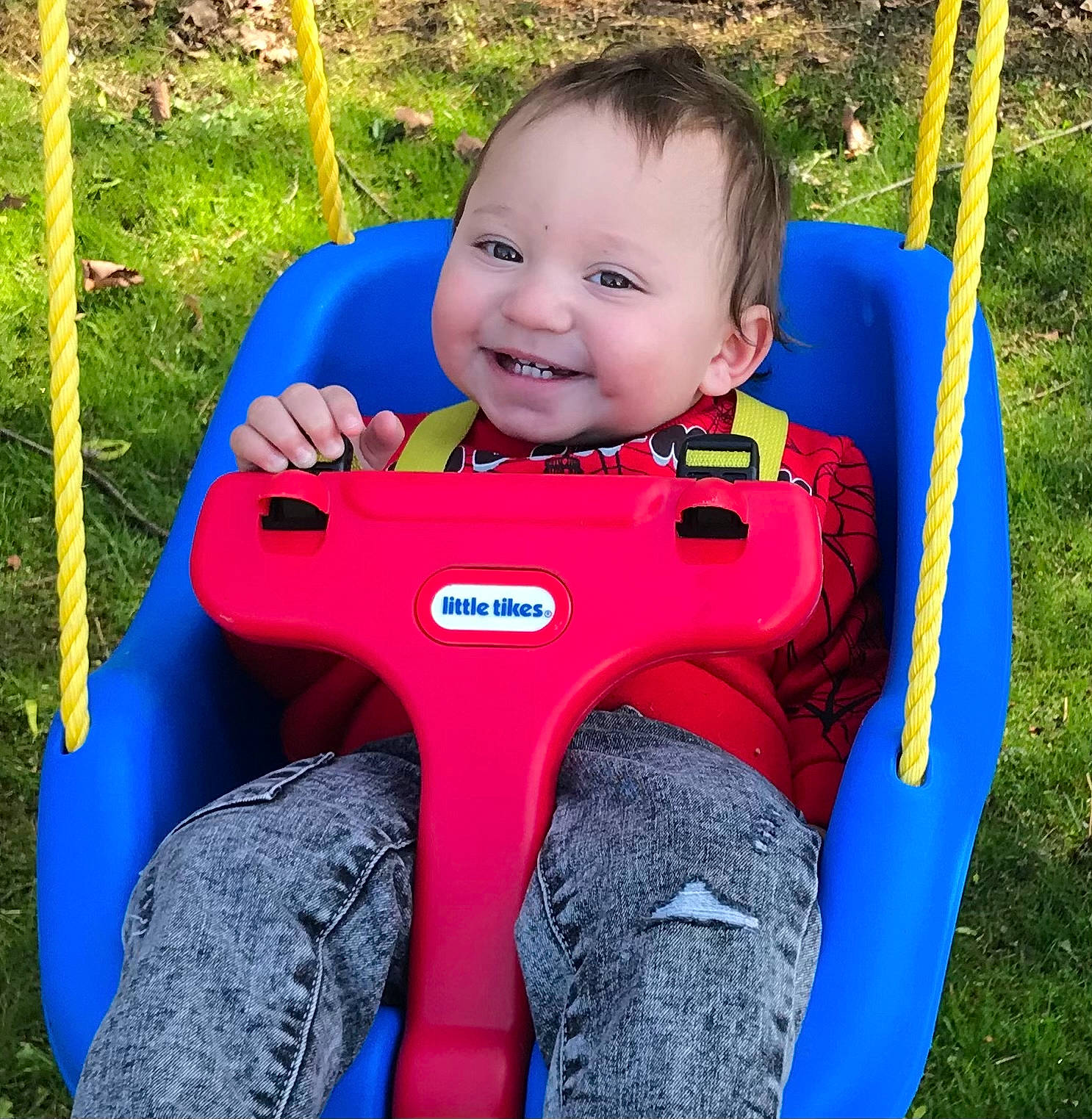 Kannon joined the competition — help win amazing prizes! baby, baby_toddler_clothing, blue, carmine, child, city, comfort, electric_blue, fun, grass, happy, joy, leisure, outdoor_play_equipment, person, play, playground, recreation, sitting, smile