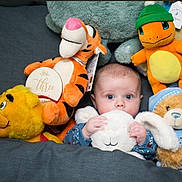 Rowan joined the competition — help win amazing prizes! baby, infant, stuffed_animals, plush_toys, blanket, tigger, charmander, teddy_bear, bunny, blue_outfit, soft_toys, cute, child, indoors, portrait, cozy, colorful, smiling, playtime, comfort