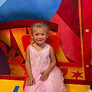 Siloë participe au concours pour gagner de l'argent avec cette photo : child, girl, pink_dress, smile, orange_chair, colorful_background, playful, happy, indoor, floor, yellow_floor, blue_tape, yellow_tape, sock, small_child, portrait, cute, lacedress, candid, seated