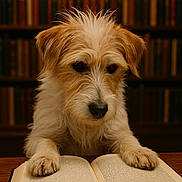Tobby participe au concours pour gagner de l'argent avec cette photo : animal, book, bookshelf, brown, cozy, curious, cute, dog, focused, fur, indoors, library, literature, paws, pet, portrait, reading, scruffy, table, white