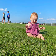 Cali And Oakleigh joined the competition — help win amazing prizes! toddler, child, grass, outdoor, blue_sky, sunny_day, purple_dress, happy, smiling, barefoot, nature, playing, field, people, background, casual_clothing, summer, portrait, baby, greenery