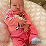 Ysabella joined the competition — help win amazing prizes! baby, bed, child, cushion, cute, eyes, face, feet, hands, heart_pattern, indoor, infant, onesie, photograph, pink_clothing, portrait, pout, serious_expression, sitting, sock